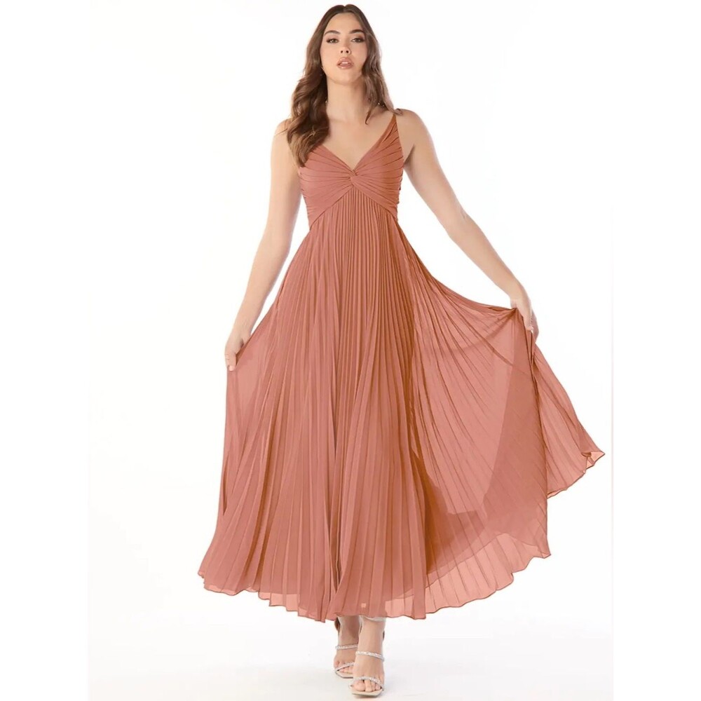 Azazie Raychelle Mai Tai A-Line V-Neck Chiffon Dress Sz A4